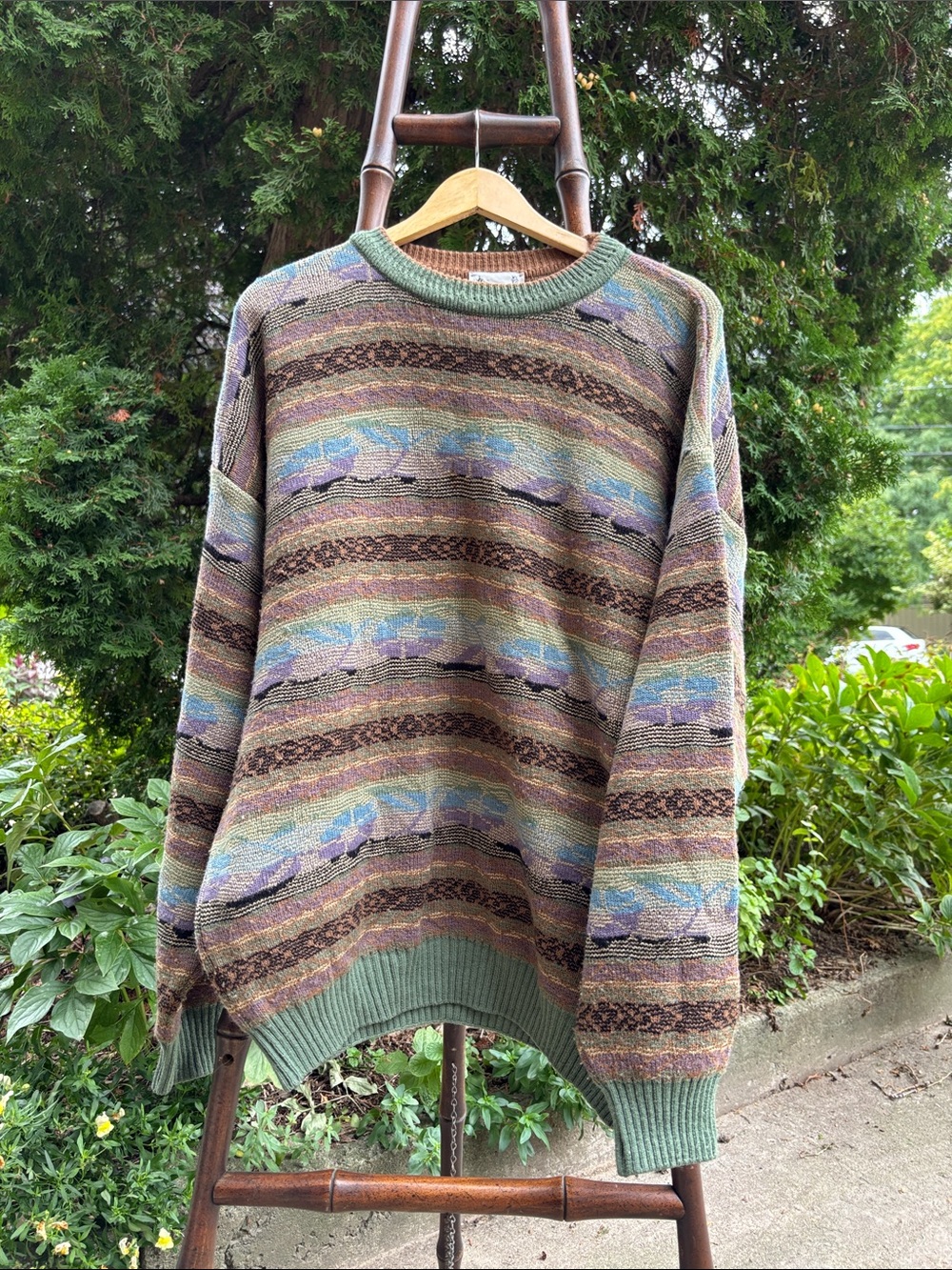 Men's Multicolor Patterned Crewneck Sweater, Blue, 1980’s, XL Vintage